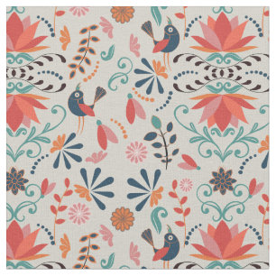 Colorful folk art bird flower pattern fabric