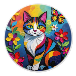 Colorful Folk Art Cat   Ceramic Knob