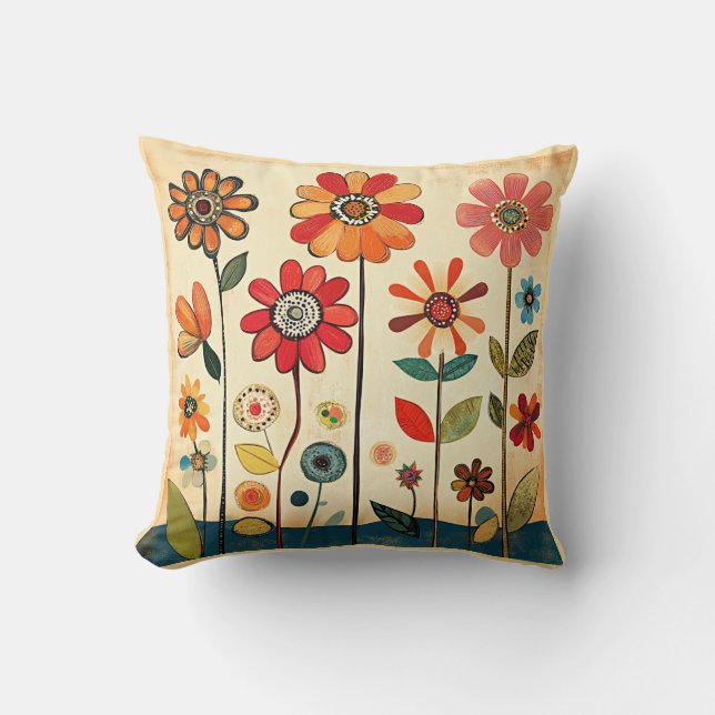 Colorful Folk Art Flowers Cushion (Front)