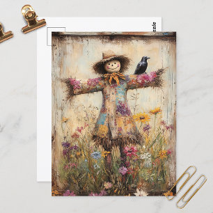 Colorful Folk Art Scarecrow with Wildflowers Postcard