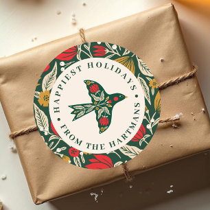 Colorful Folk Floral Bird Christmas Holiday Name Classic Round Sticker