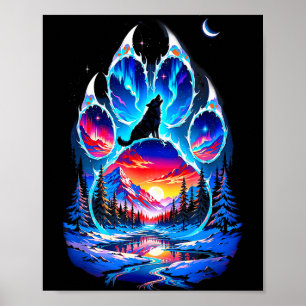 Colorful Footprint Wolf Wolves Lovers Howling At T Poster