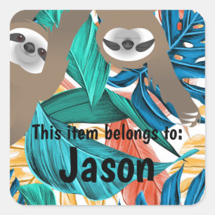 Colorful Forest Hanging Sloths with Name Square Sticker