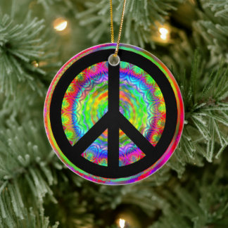 Colorful Fractal Kaleidoscope Black Peace Symbol Ceramic Tree Decoration