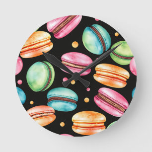 Colorful French Macaron Watercolor Pattern Round Clock