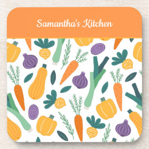 Colorful Fresh Vegetable Pattern with Name Orange Coaster