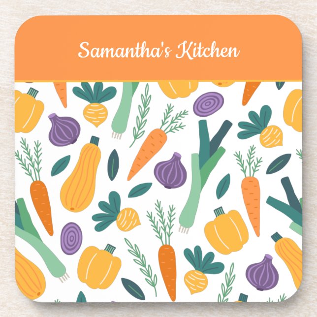 Colorful Fresh Vegetable Pattern with Name Orange Coaster (Front)