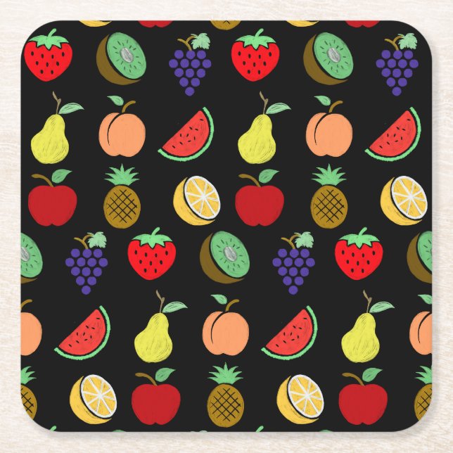 Colorful fruit fun chalk kids retro food square paper coaster (Front)
