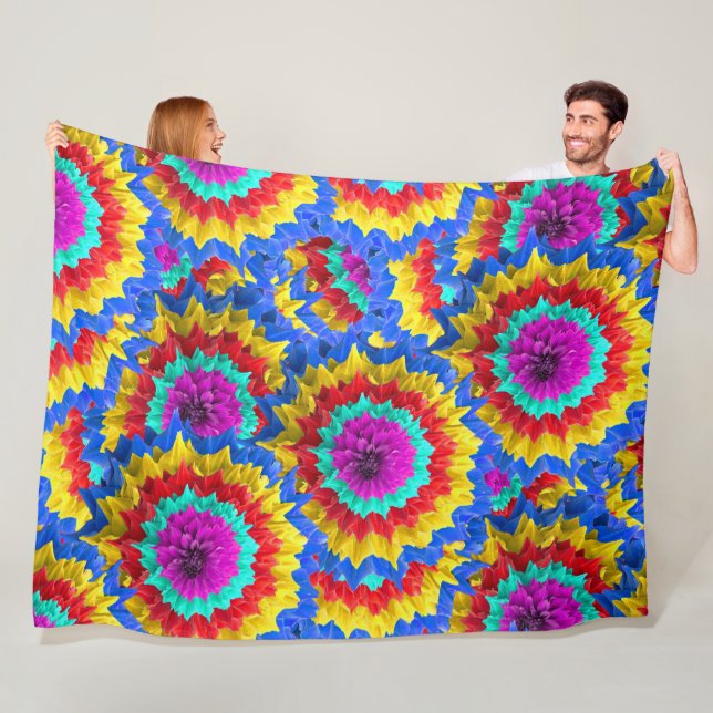Colorful fun dahlia design fleece blanket (In Situ)