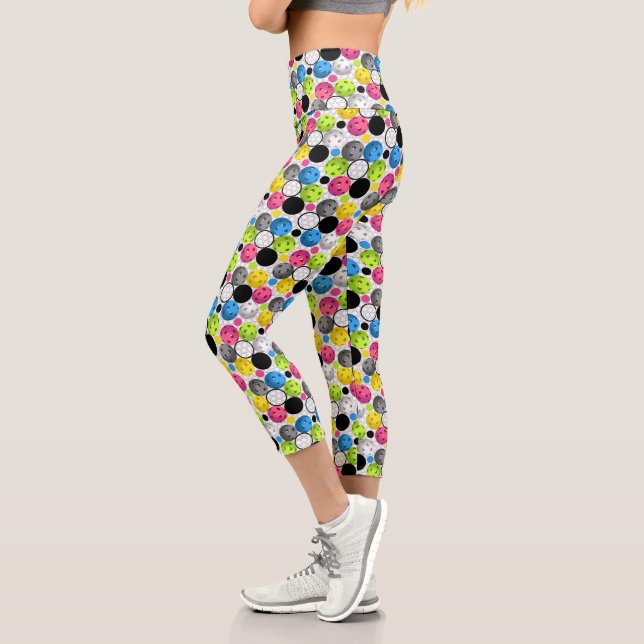 Colorful Fun Sporty Pickleball Pattern Capri Leggings (Left)