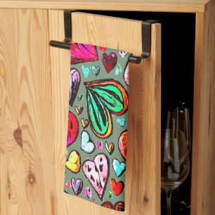 COLORFUL FUNKY HEART DESIGN VALENTINE'S TEA TOWEL