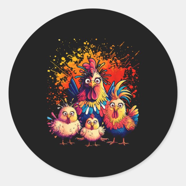 Colorful Funny Chicken Art  Classic Round Sticker (Front)