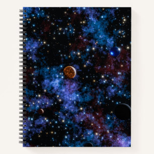 Colorful galaxies, stars and planets in night notebook