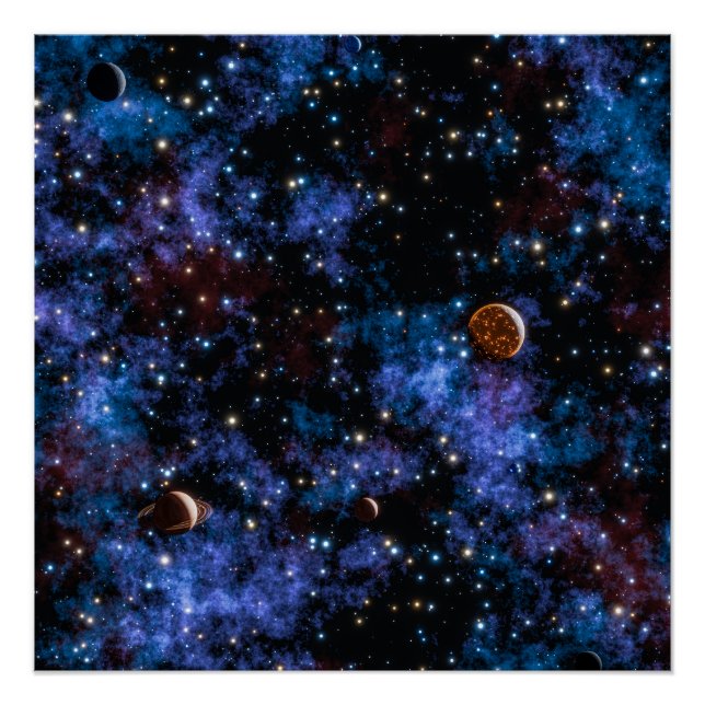 Colorful galaxies, stars and planets in night poster (Front)