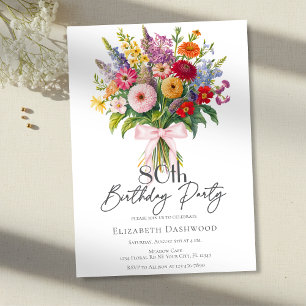 Colorful Garden Flowers Bouquet Pink Bow Birthday Invitation