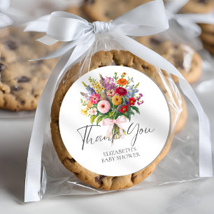 Colorful Garden Flowers Bouquet Pink Bow Thank You Classic Round Sticker