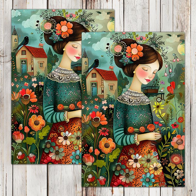 COLORFUL GARDEN GIRL WITH FLOWERS DECOUPAGE TISSUE PAPER (COLORFUL GARDEN GIRL WITH FLOWERS DECOUPAGE TISSUE PAPER)