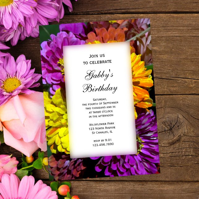 Colorful Garden Zinnia Flowers Birthday Party Invitation (Creator Uploaded)