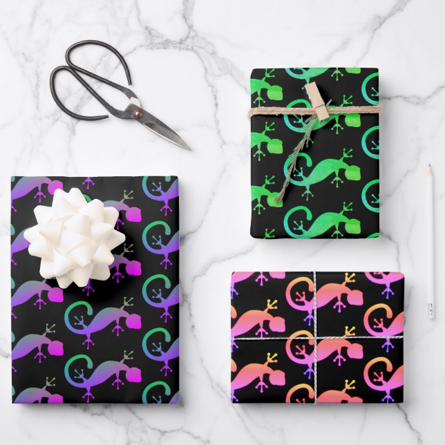 Colorful Gecko Lizard on Black Wrapping Paper Sheet (Front)