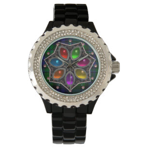 COLORFUL GEMSTONE STAR AND BLUE GREEN TARTAN WATCH
