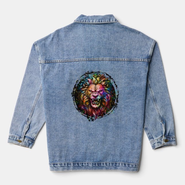 COLORFUL GEOMETRIC ABSTRACT MAJESTIC LION ROAR DENIM JACKET (Back)