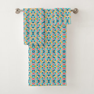 Colorful geometric and floral pattern in blue bath towel set