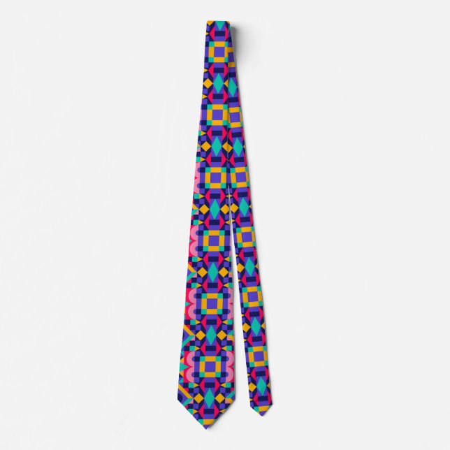 Colorful geometric-patterned tie displayed  (Front)
