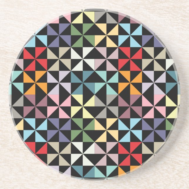 Colorful Geometric Pinwheel Black Coaster (Front)