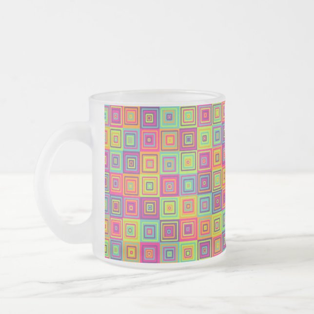 Colorful Geometric Squares Pattern Frosted Glass Coffee Mug (Left)