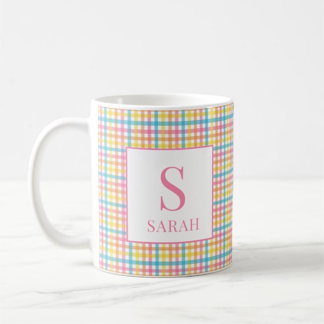 Colorful Gingham Check Custom Name Initial Mug (Left)