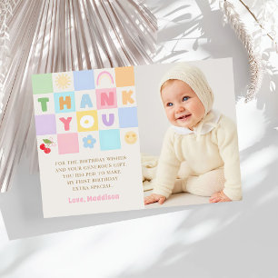 Colorful Gingham Girl 1st Birthday Photo Thank You Card