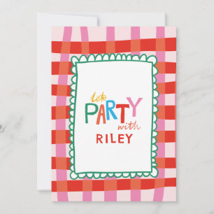 Colorful Gingham "Let’s Party" Custom Name Kids Invitation
