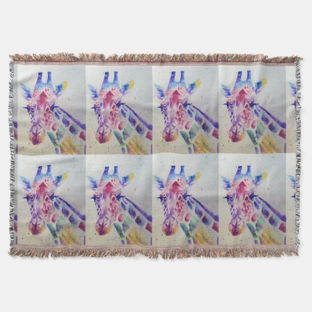 Colorful Giraffe animal Watercolour Art Throw Rug Blanket (Front)