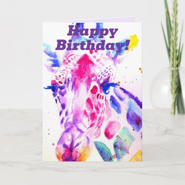 Colorful Giraffe Animal Watercolour Birthday Card (Front)