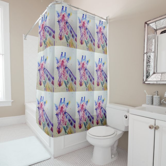 Colorful Giraffe Watercolour Art Shower Curtain (In Situ)