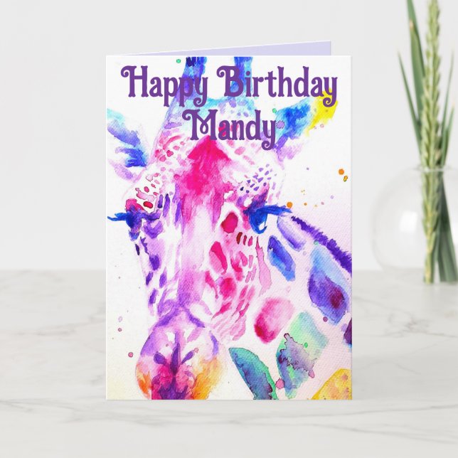 Colorful Giraffe Watercolour Girls Birthday Card (Front)