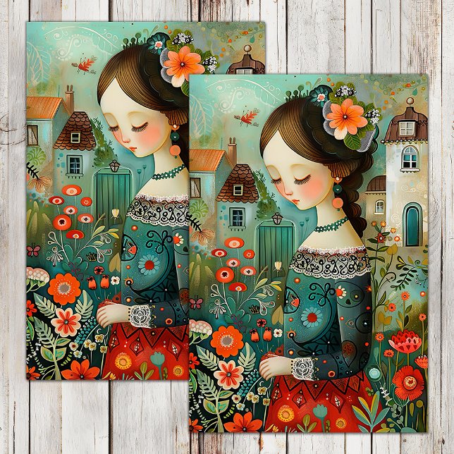 COLORFUL GIRL IN GARDEN WITH FLOWERS DECOUPAGE TISSUE PAPER (COLORFUL GIRL IN GARDEN WITH FLOWERS DECOUPAGE TISSUE PAPER)