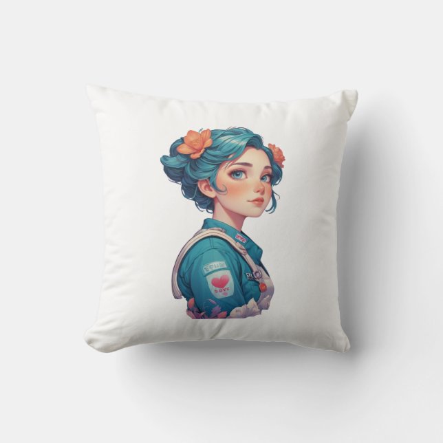 Colorful Girl Portrait with Flowers  Cushion (Front)