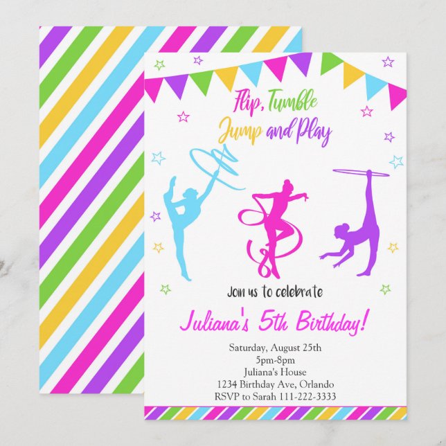 Colorful Girls Gymnastic Birthday Invitation (Front/Back)