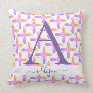 Colorful Girly Flower Monogram Name  Cushion