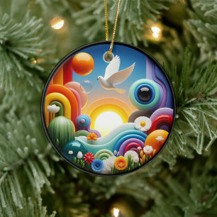 Colorful Glass Abstract Dove Rainbow Garden Ceramic Tree Decoration