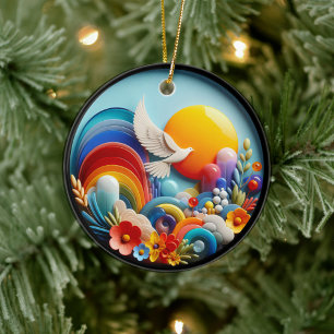 Colorful Glass Abstract Dove Rainbow Garden Ceramic Tree Decoration