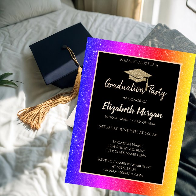 Colorful Glitter Gold Graduation Cap Invitation (Creator Uploaded)