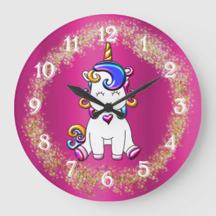 Colorful Glitter Pink Unicorn Large Clock
