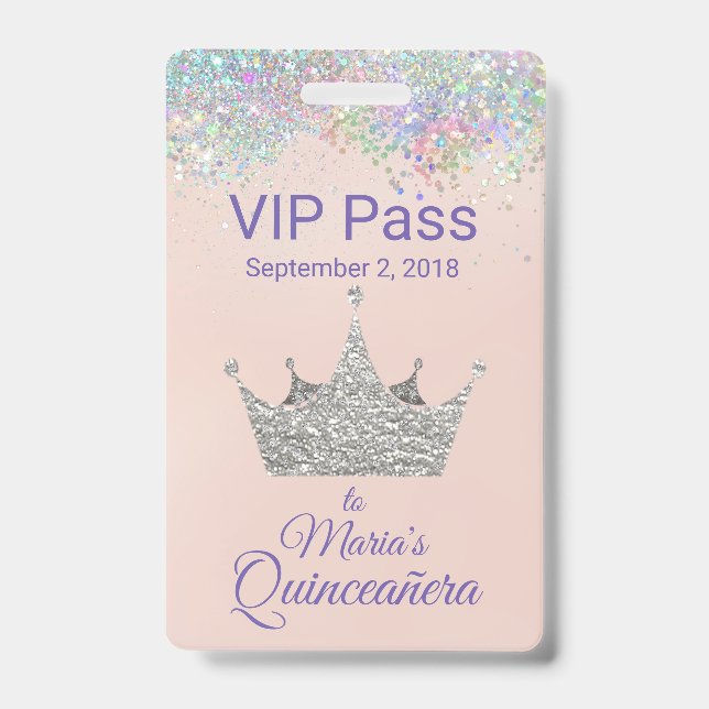 Colorful Glitter Silver Crown Quinceañera VIP ID Badge (Front)