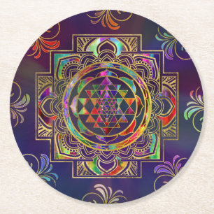 Colorful Gold framed Sri Yantra Sri Chakra Round Paper Coaster