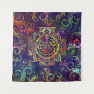 Colorful Gold framed Sri Yantra Sri Chakra Tapestry