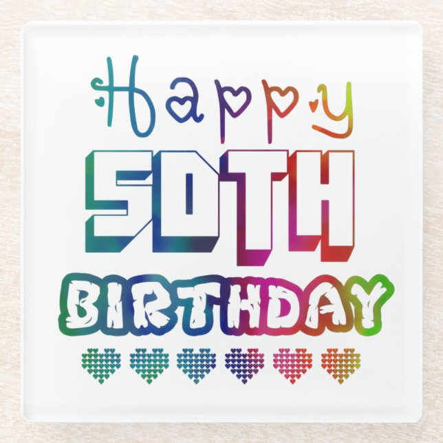colorful gradient Happy 50th birthday Glass Coaster (Front)