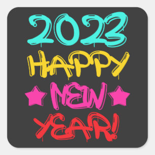 Colorful Graffiti Happy New Year 2023 in Retro Square Sticker