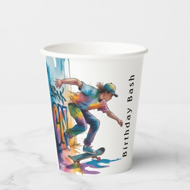 Colorful Graffiti Skateboarder Birthday Bash  Paper Cups (Front)